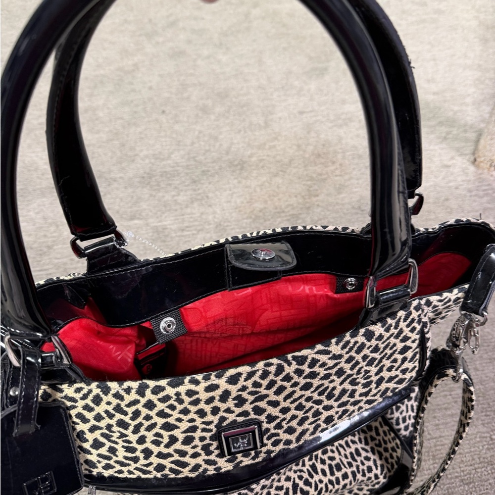 Leopard Print Satchel Handbag with Red Interior